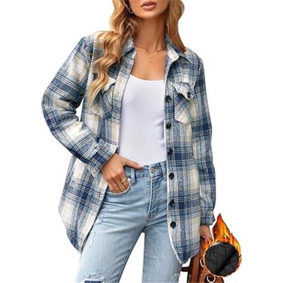 Plaid Jackets for Women Flannel QuiltedShacket Coats Oversized Button DownShirts - Picture 7 of 7